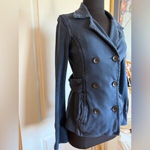 James Perse Double Breasted Cotton Jacket Navy Blue Belted Blazer Size 2